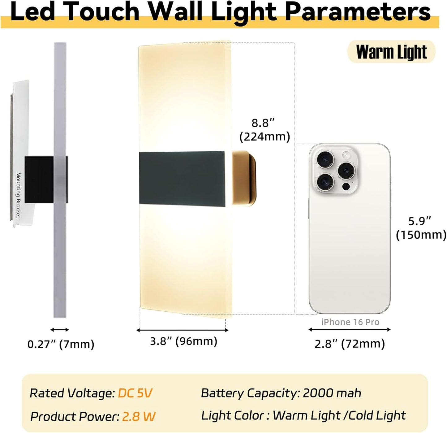 Battery Wall Sconces, Acrylic Bedside LED Wall Lamps Set of Two for Living Room Bedroom Hallway,USB Rechargeable Battery Operated Cordless Night Light,Touch Control,Warm Light Dimmable