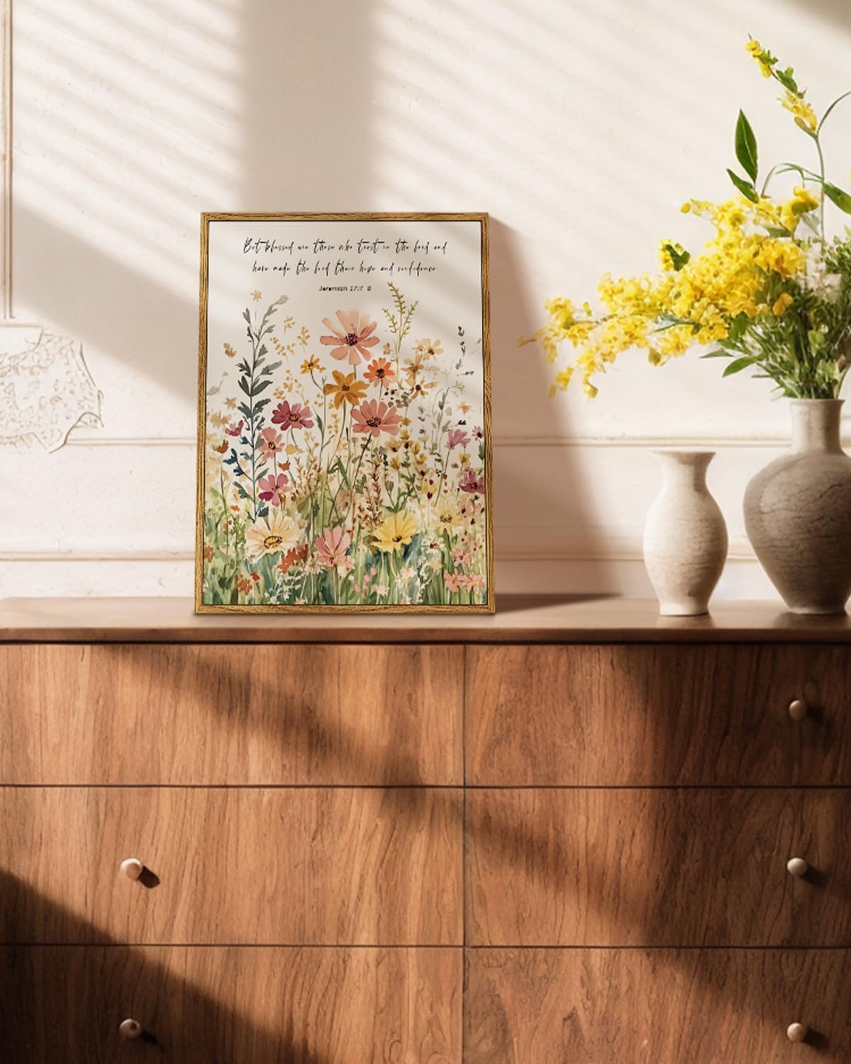 Vintage Inspirational Bible Quote Wildflowers Wall Art, Jeremiah 17:7-8 Christian Scripture Framed Canvas Print 12x16, Rustic Watercolor Floral Design Religious Decor for Bedroom Farmhouse