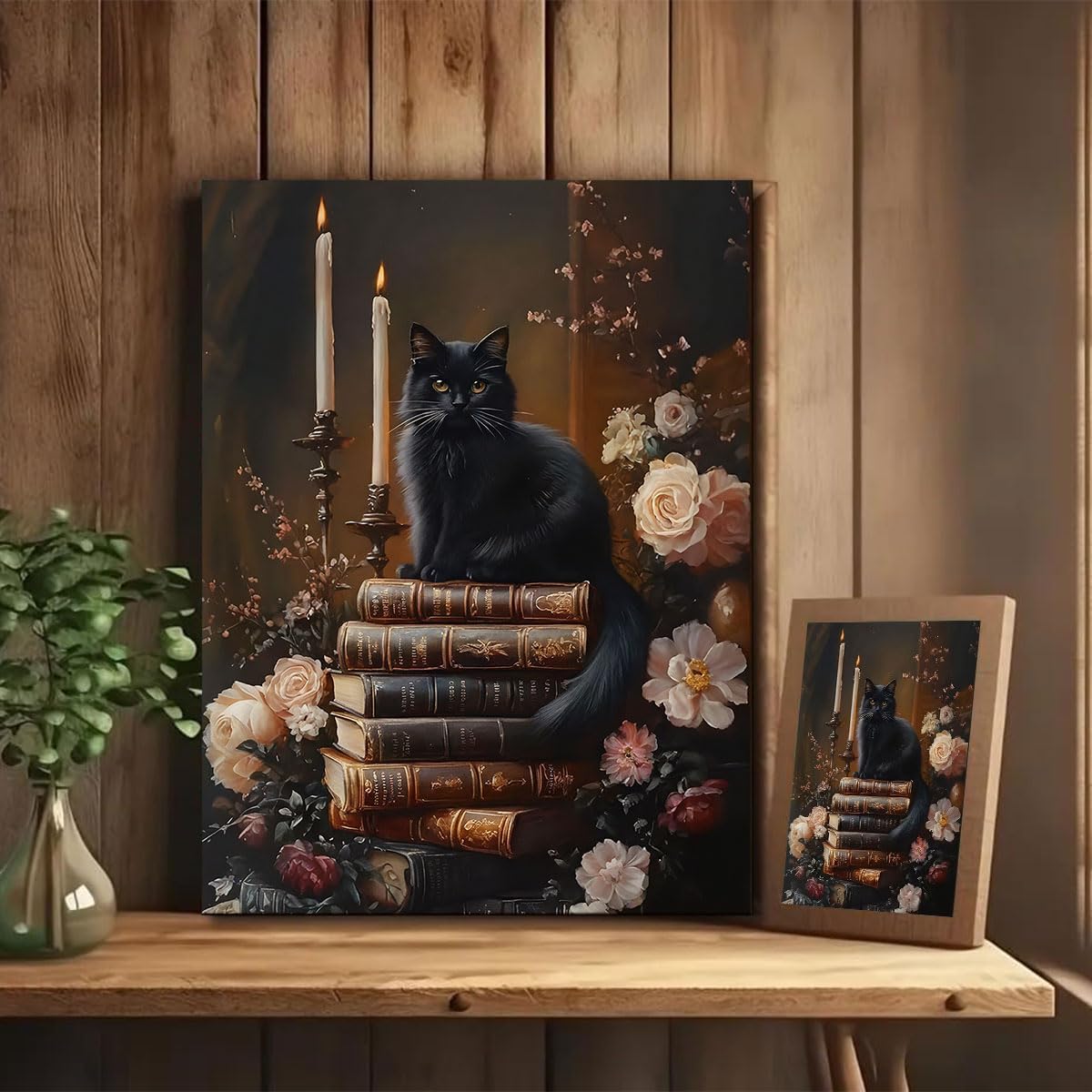 Framed Dark Academia Moody Wall Art Victorian Black Cat Wildflower Book Floral Wall Decor Picture Painting Artwork Vintage Black Cat Books Wall Art Gothic Vintage Antique Aesthetics Poster Print for Home Decoration (A, 8x12inch(20x30cm), Framed)