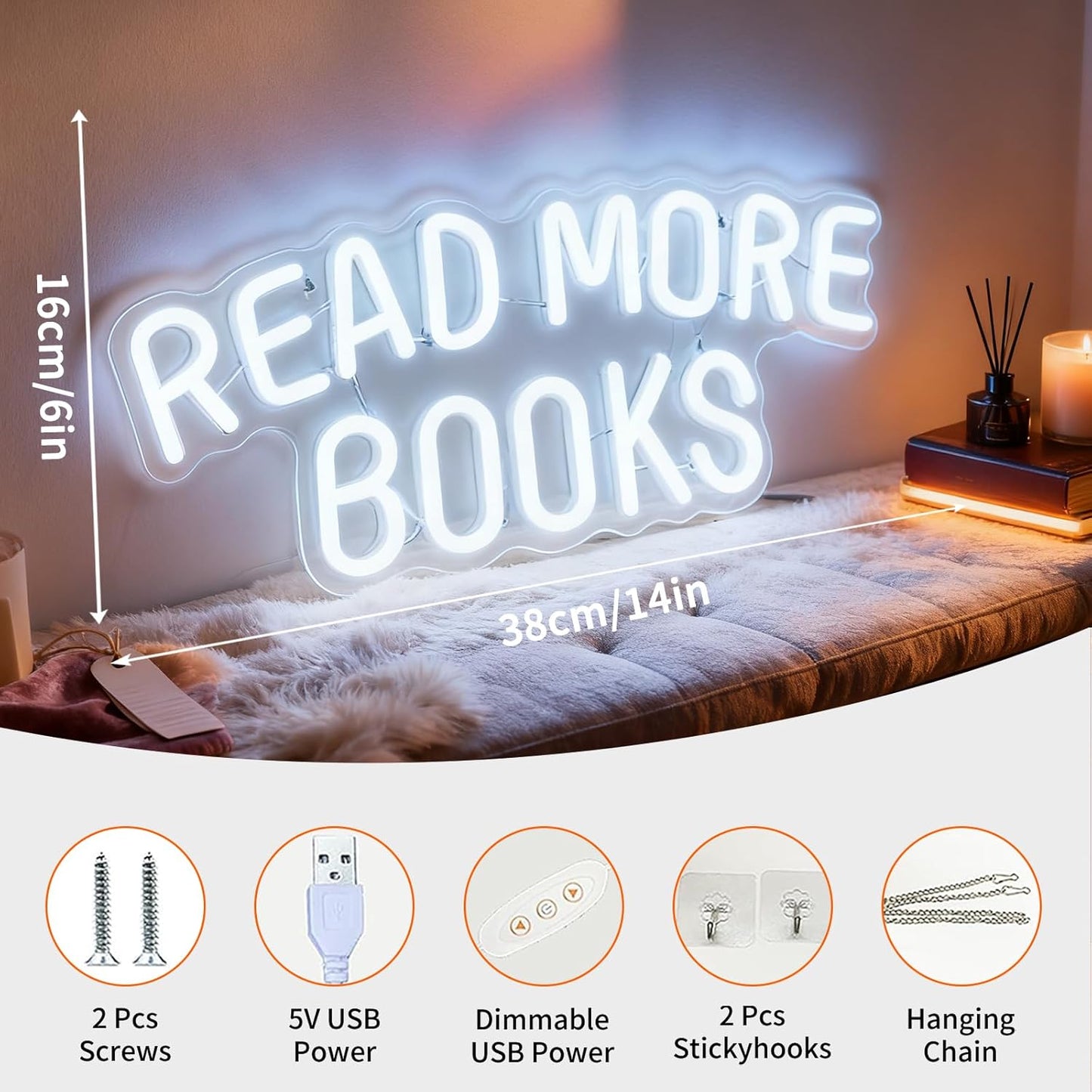 Read More Books Neon Sign, USB Powered Decorative Neon Light for Book Lover Gift Teens Bedroom Library Bookstore Reading Nook Wall Table Decor 15 x 6.3 In