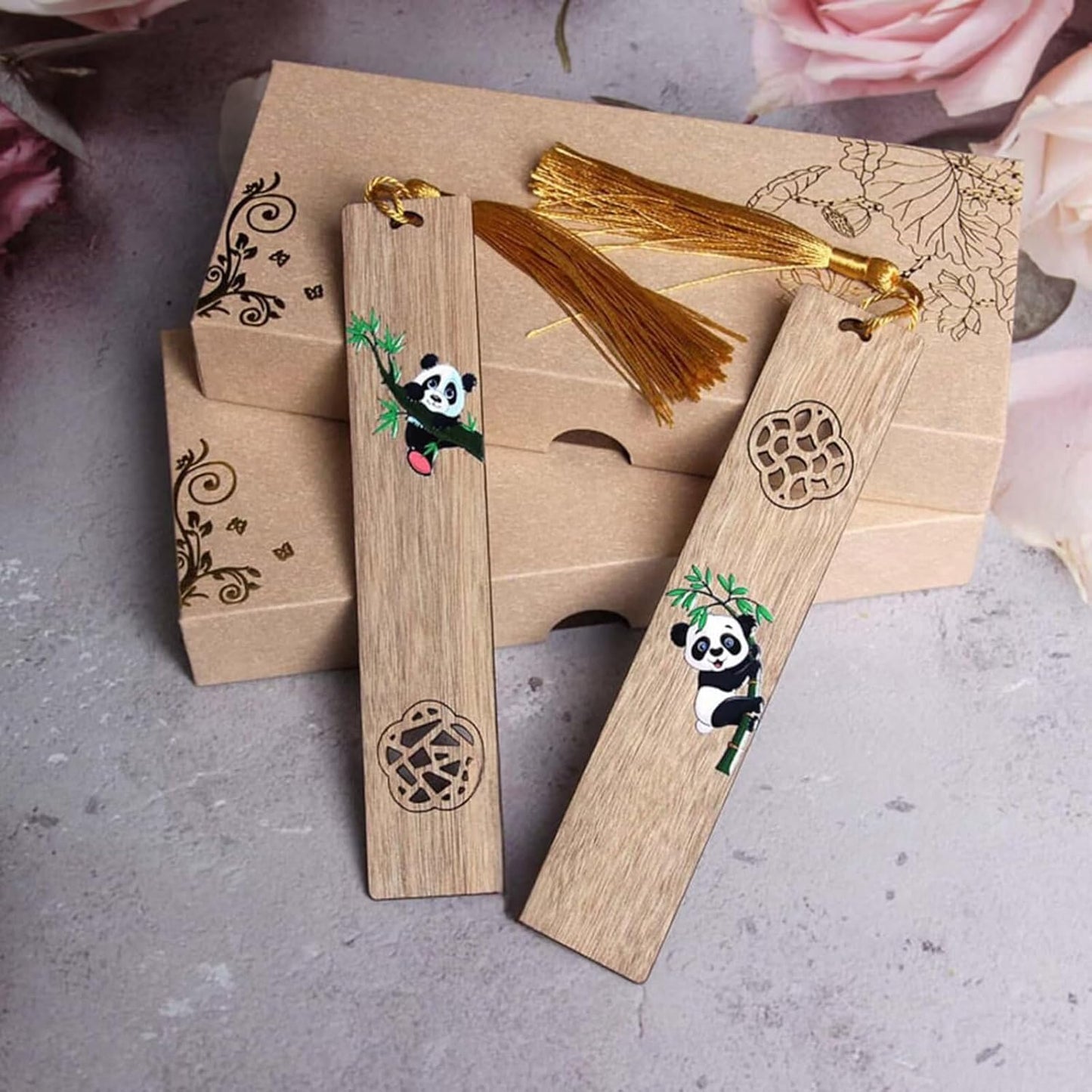 2pcs Wooden Bookmark,Personalized Page Markers 5.71"x1.18" Wooden Bookmark Set Book Accessories, Hollowed Panda Pattern with Pendant Text Book Marker Perfect Gift for Adults Students