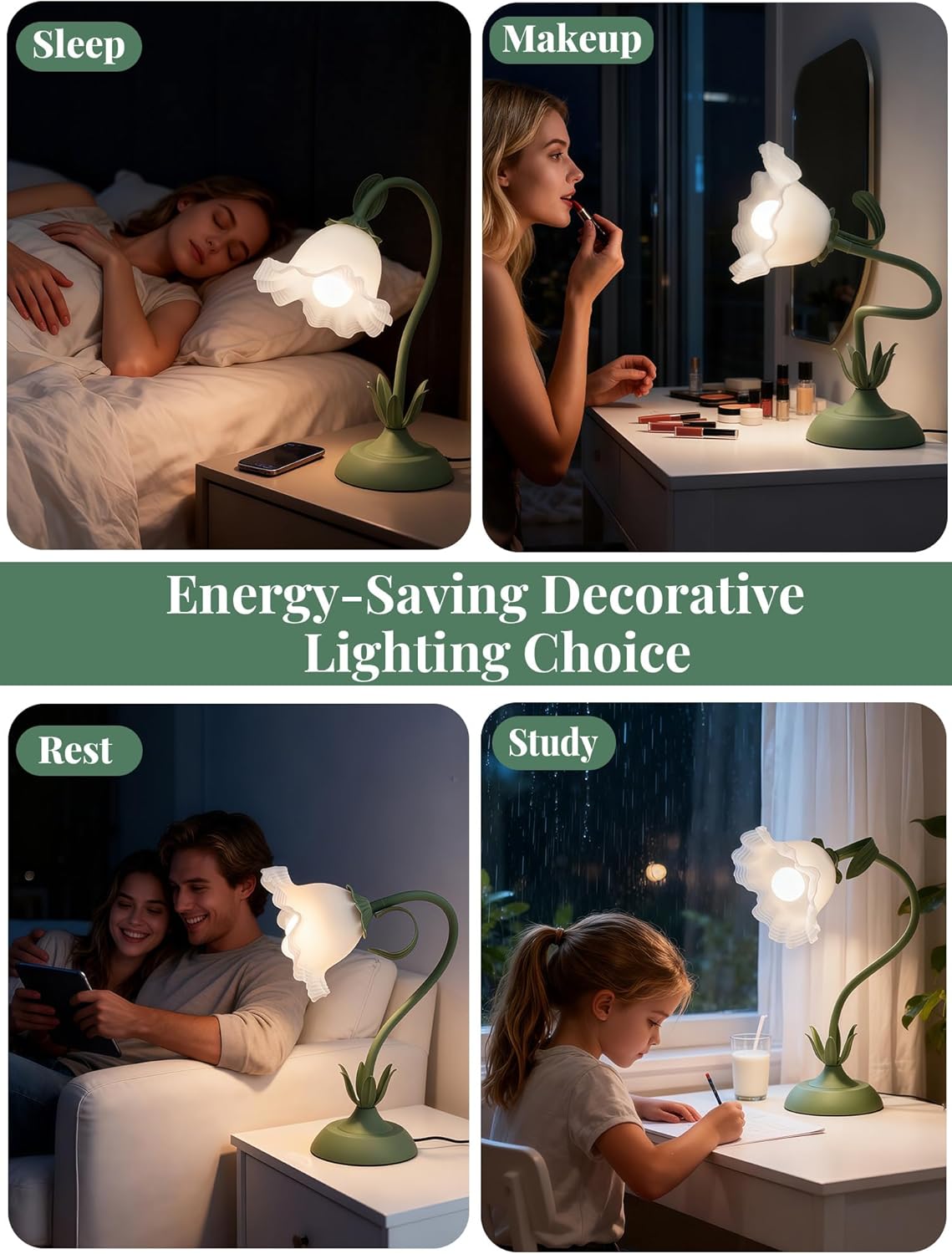 Flower Table Lamp, LED Reading Light Bedside Vintage Flower Desk Lamp, 3 Color Modes Kawaii Bedside Lamps, Nightstand Table Lamps for Living Room Office Bedroom Lighting Home Decor (Green)