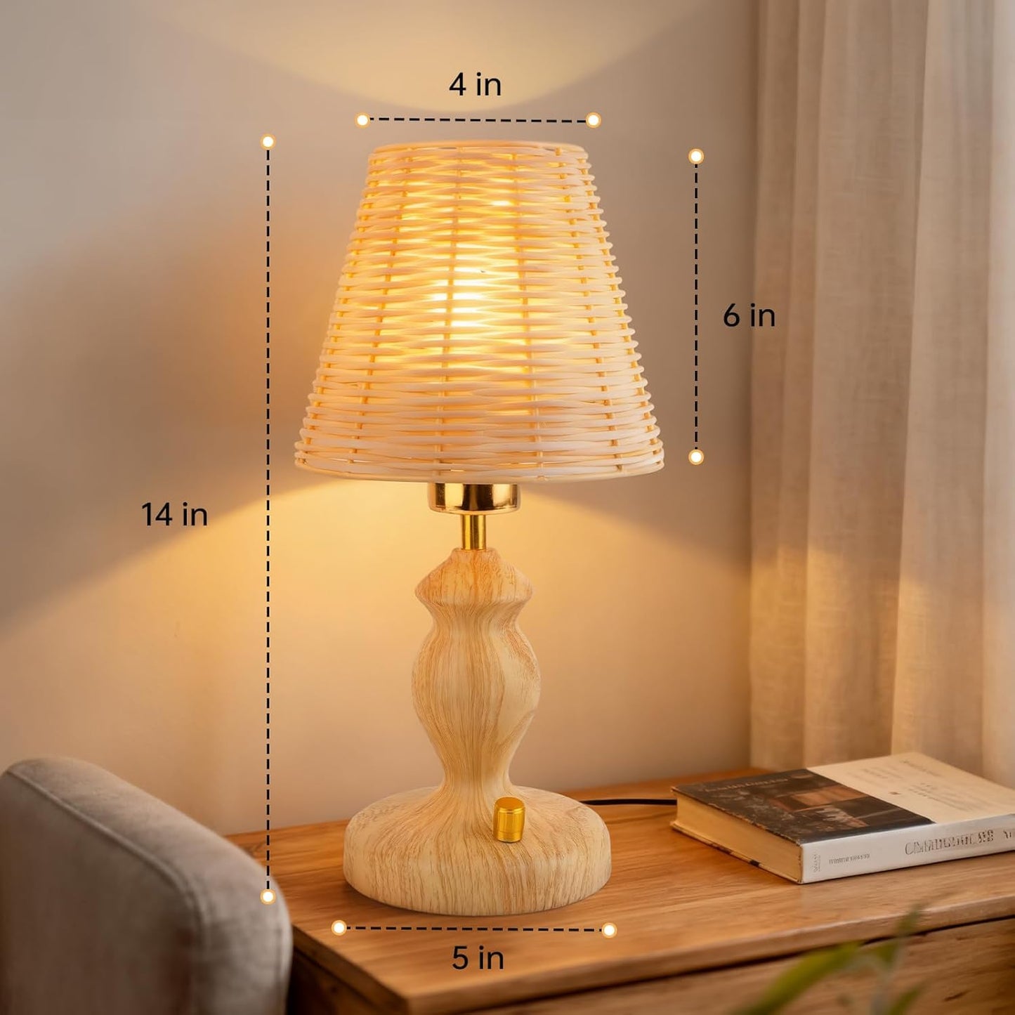 Rattan Table Lamp with Knob Switch, Seamless Dimming Bedside Lamp Wood Base, Small Nightstand Lamp for Bedroom, E26 Bulb Included