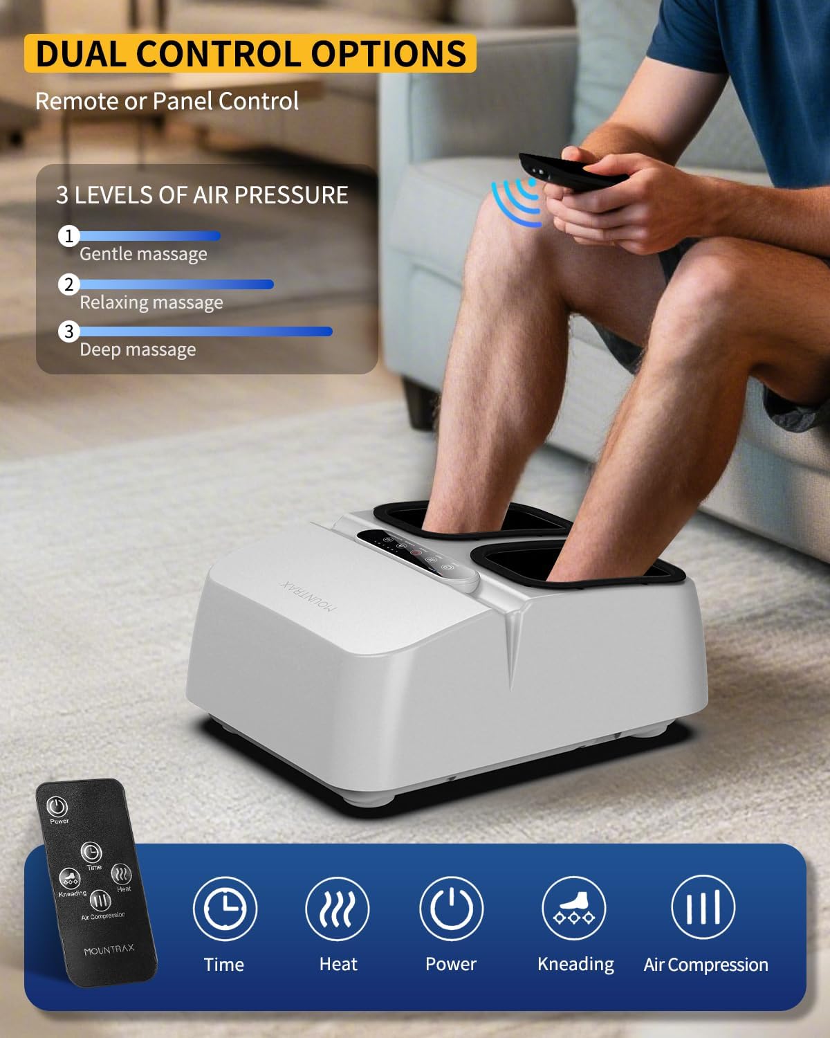 MOUNTRAX Foot Massager Machine with Heat, Foot Massager for Plantar Fasciitis, Neuropathy Pain, Shiatsu Foot Massager with Remote, Fits Feet Up to Men Size 13 (White)