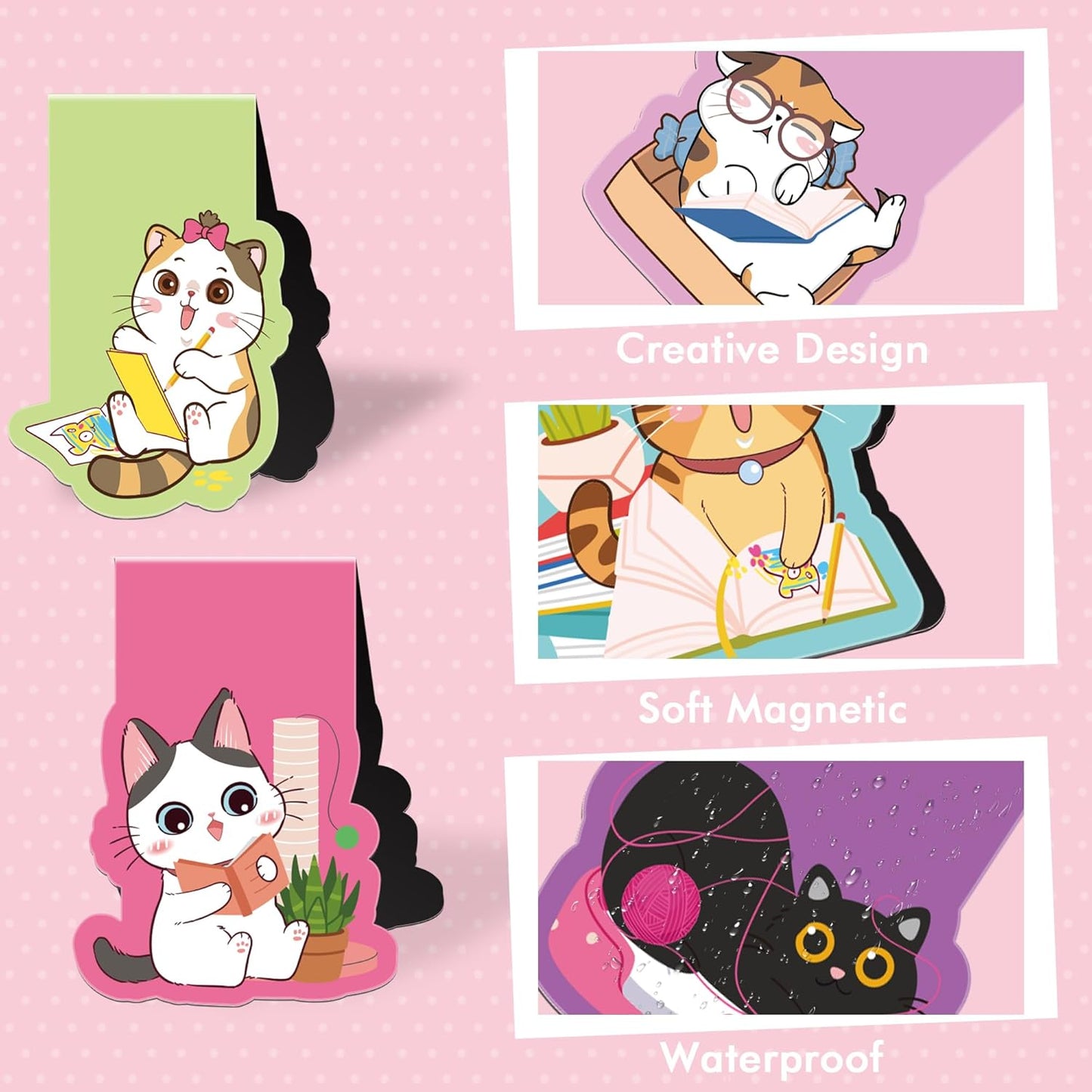 Cat Magnetic Bookmarks, 8 Pcs Cute Cartoon Cat Magnet Page Markers Animal Bookmark Clips for Reading, Magnetic Book Marks for Students Teachers Book Lovers School Office Gifts