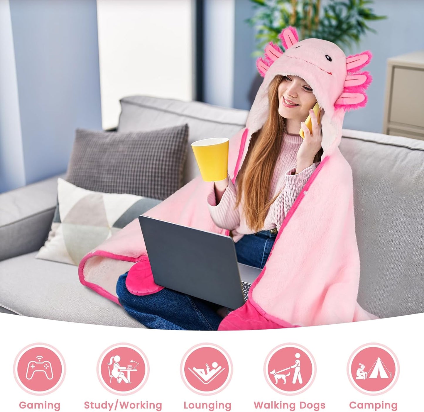 Axolotl Wearable Blanket Hoodie for Women & Kids, Premium Soft Thick Plush & Sherpa Fleece for Ultra Warmth, Pink Throw Wrap With Giant Hood, Easy Movement, Axolotl Gifts for Girls Adults, Oversized