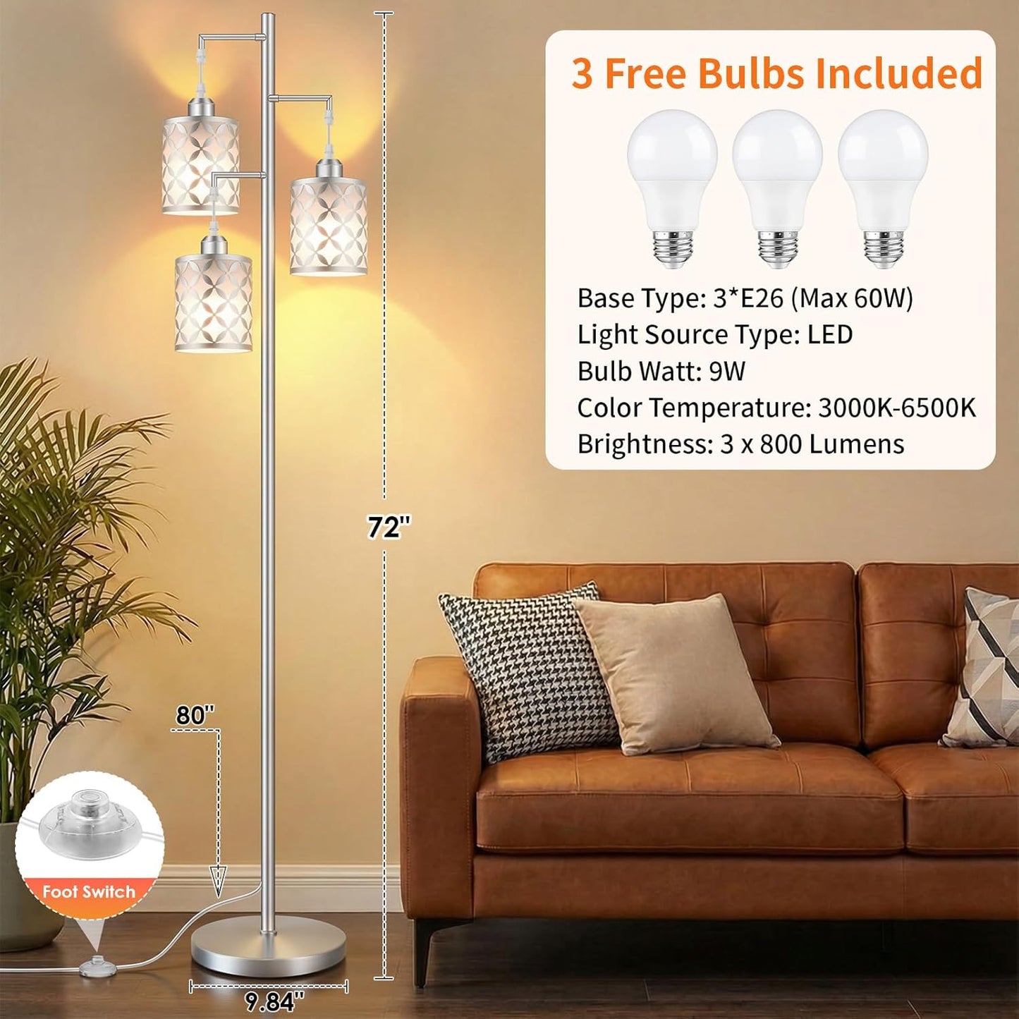 New Upgraded 72" Tall Dimmable Floor Lamp, 3 x 800LM 9W LED Bulbs Included, Farmhouse Standing Lamp with Remote Control, Industrial Tree Pole Floor Lamps for Living Room, Bedroom, Study Room - Silver