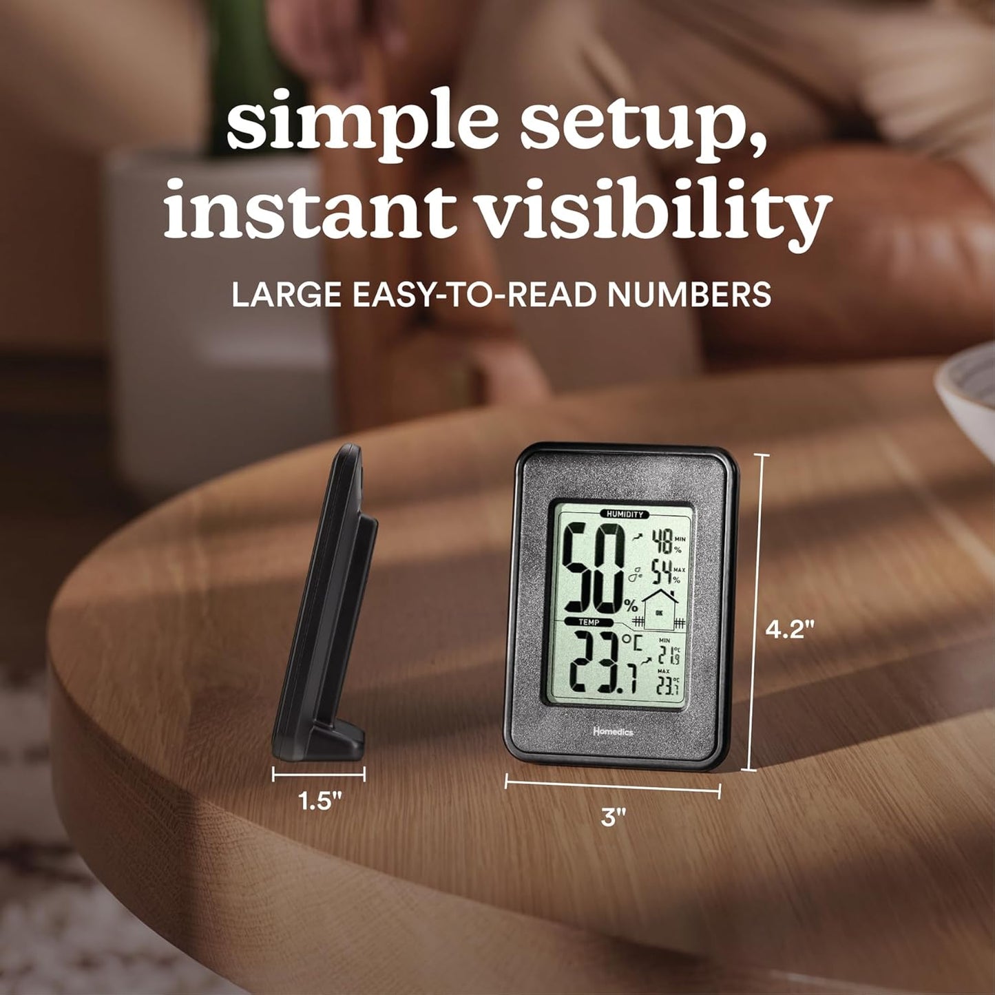 Homedics HM100 Indoor Humidity Monitor, Easy-Read Hygrometer to Monitor Indoor Air Comfort, Fahrenheit and Celsius, Battery-Operated Room Thermometer for Home