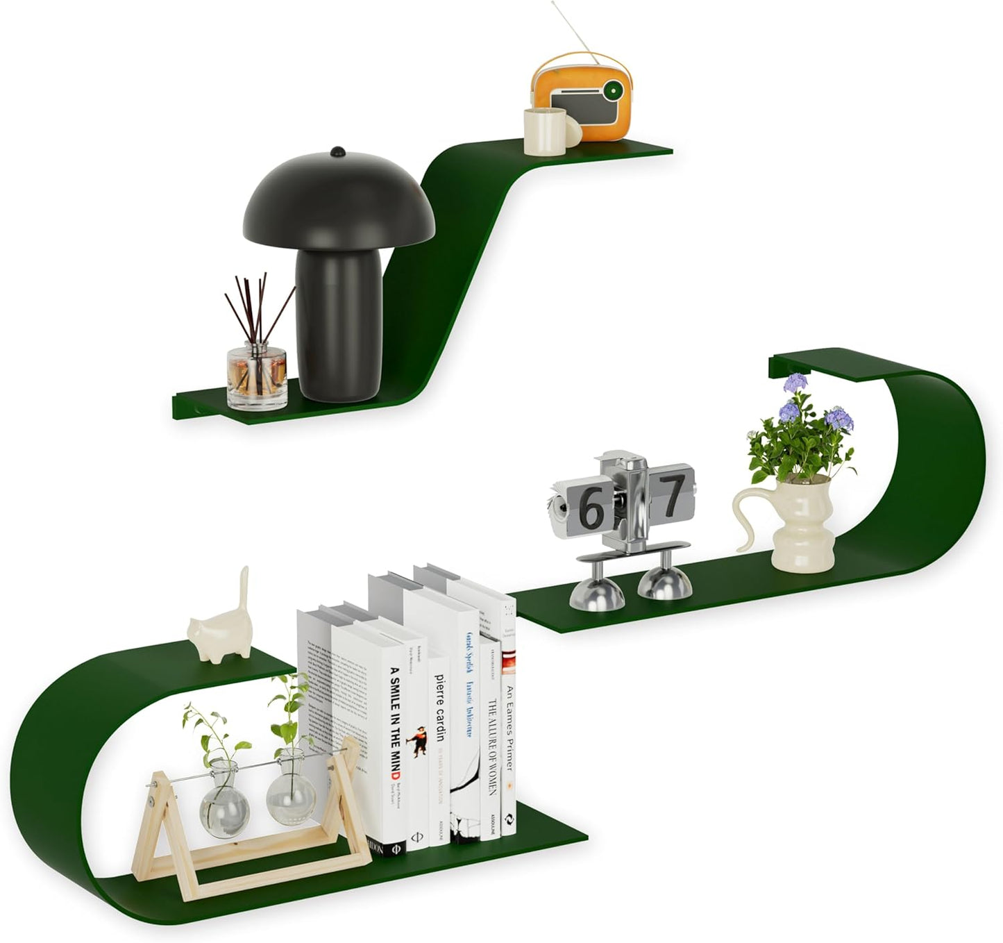 Green Floating Shelves Set of 3, Green Metal Decor, Unique Mounted Floating Shelf, Modern Long Wall Shelf, Large Wall Shelves for Bedroom, Bathroom, Living Room