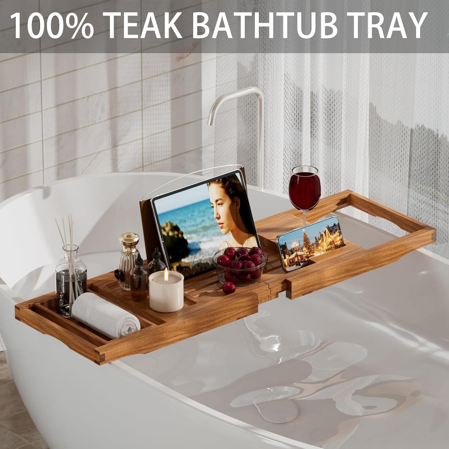 Teak Bathtub Caddy Tray for Tub, Foldable Luxury Bath Table Tray with Book and Wine Glass Holder, Expandable Bathroom Accessories for Spa or Reading