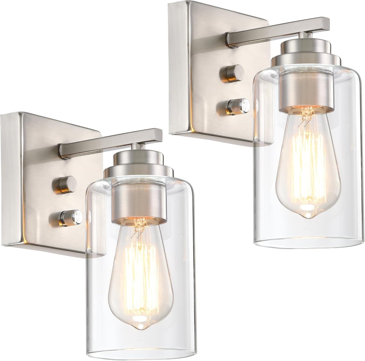Pia Ricco Wall Sconces Set of 2, Bedside Wall Lamp with Switch for Bedroom, Modern Bathroom Light Fixture with Clear Glass Shade, Brushed Nickel Sconces Wall Lights for Living Room, Hallway, Kitchen