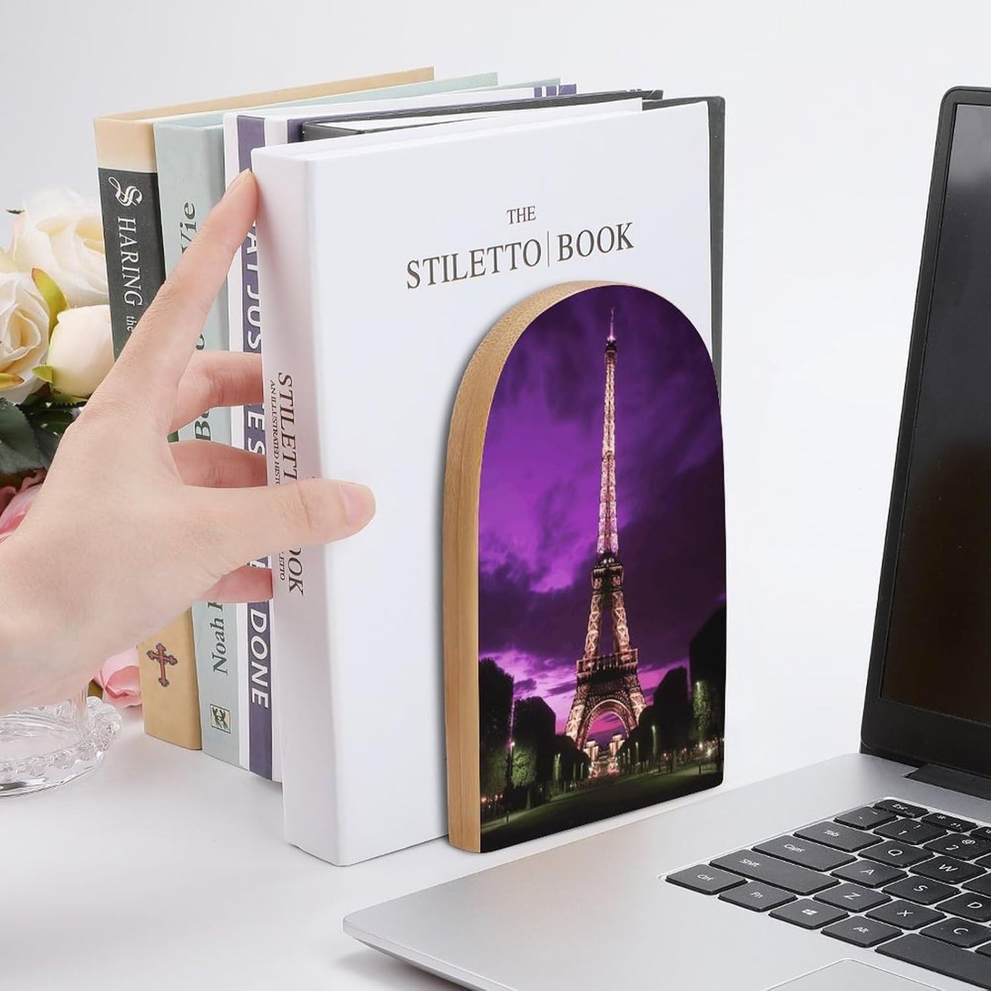 Purple Eiffel Tower Bookend for Shelves Wooden Book End Large Size Sturdy Book Holders Stoppers with Metal Base for Bookshelves Slick Decorative Bookends Stands