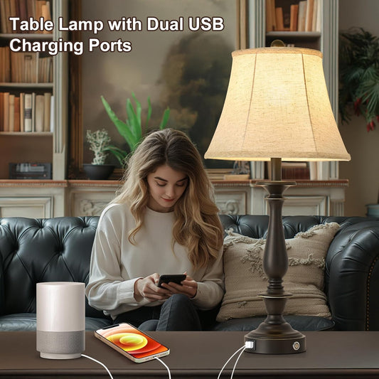AIDENOEY 28.5" Traditional Table Lamp Set of 2, Rustic Farmhouse Table Lamps for Living Room Bedroom, Bedside Desk Lamps Vintage Nightstand Lamps with Silk Fabric Shades, Black Sweep White Gold