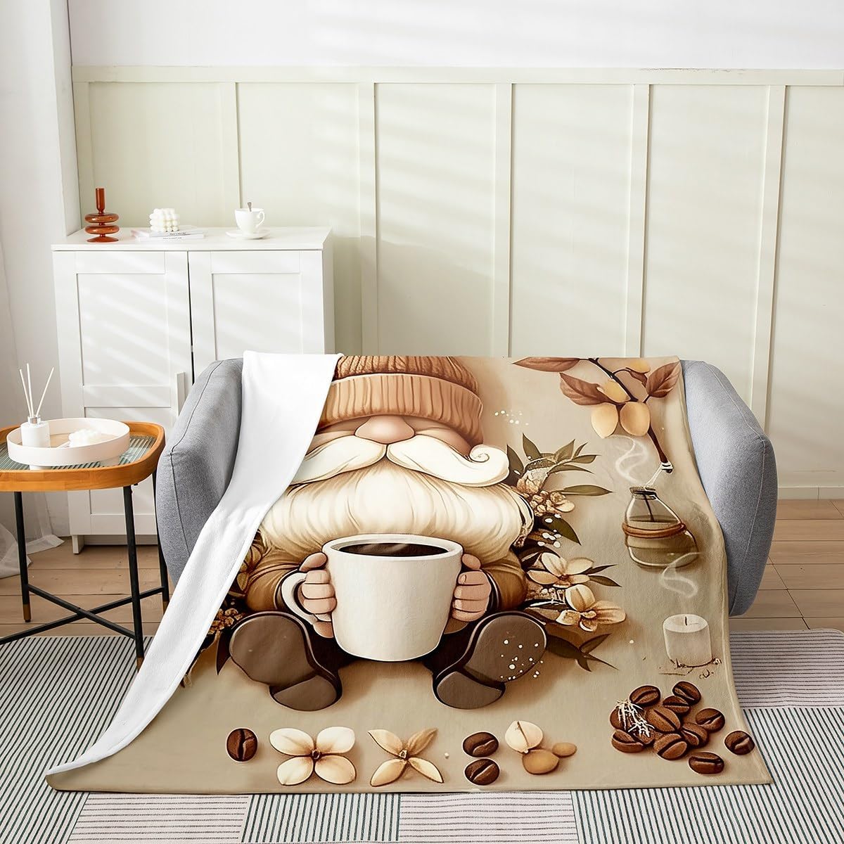 Erosebridal Gnome Fleece Throw Blanket Twin 60x80 Inch Coffee Dwarf Flannel Blanket for Boys Girls Cartoon Cup Floral Beans Brown Grey Lightweight Microfiber Room Decor