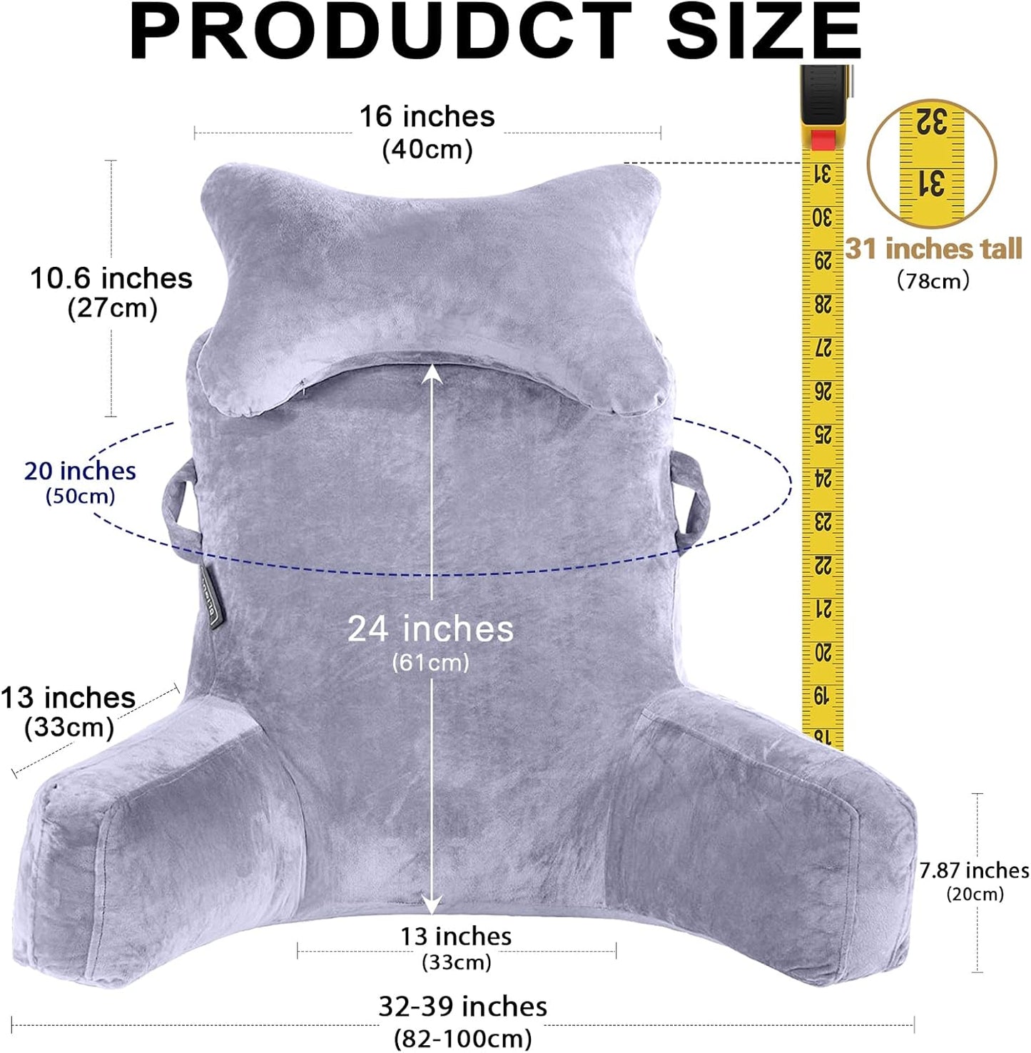 Reading Pillow-Extra Large 31" Bed Rest Pillow with Detachable Neck Roll & Arms for Sitting in Bed or Couch-Backrest Reading Pillow Adult Back Pillows for Reading/Watching TV/Gaming/Relaxing-Grey
