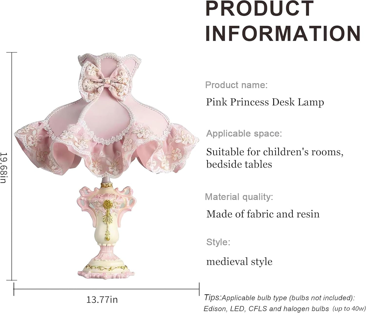 European Princess Pink Table Lamp with Fabric Shade, Resin Carved Base Bedside Nightstand Light, Vintage Romantic Bedroom Nursery Study Vanity Living Room Wedding Decor Lighting
