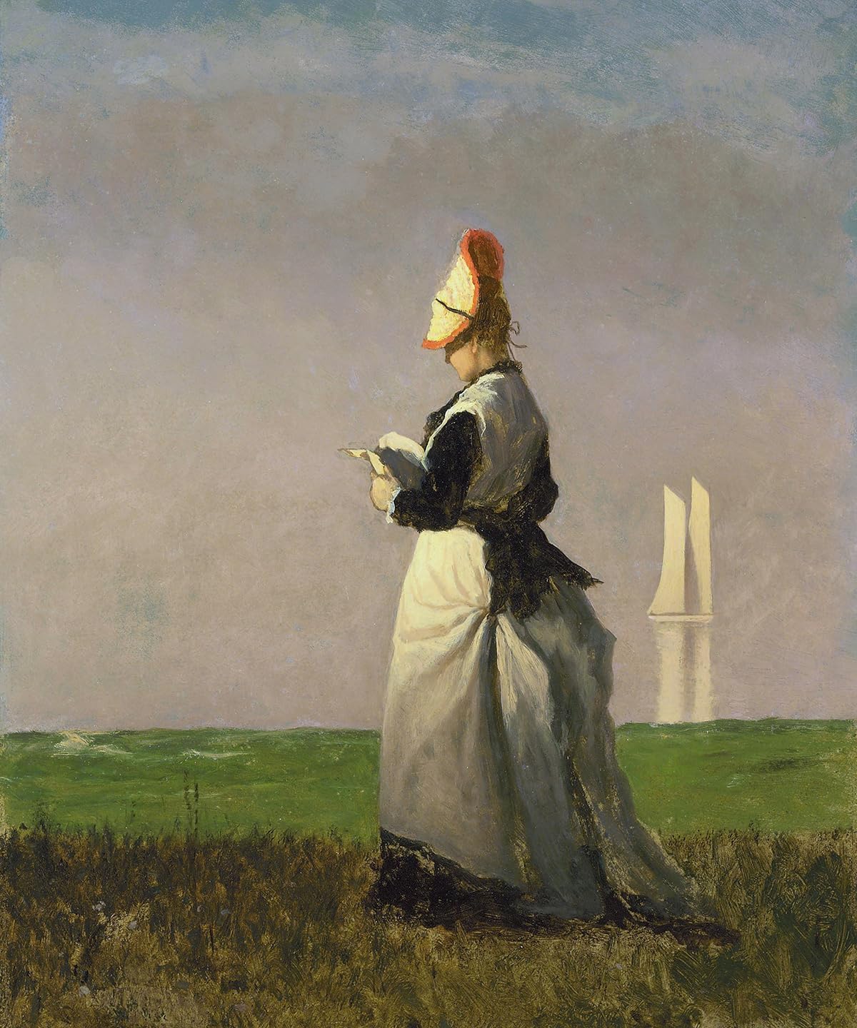 Woman Reading Beach Sail Sailing Boat Painting By Eastman Johnson Maine Artist 8"X10" Image Size on CANVAS Fine Art Print Poster Shipped Rolled-up