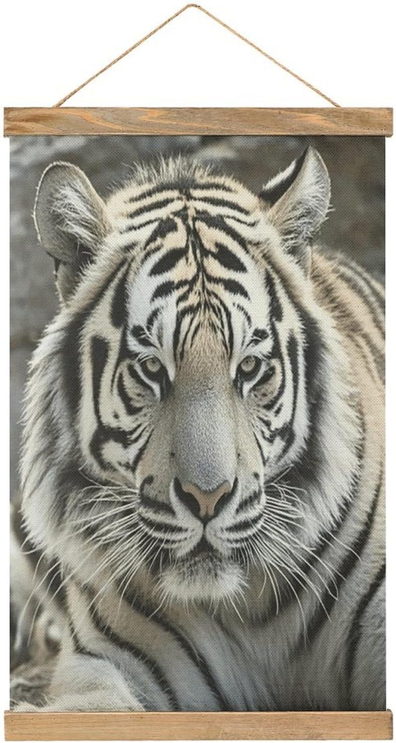 Vintage Black And White Tiger Poster with Wooden Frame Personalized Linen Hanging Scroll Painting Rustic Wall Hanging Illustrative Modern Artwork Decor for Home Living Room Bedroom Office