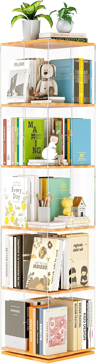 5-Tier Rotating Bookshelf, 360° Spinning Book Shelf Tower with Solid Wood & Clear Acrylic, Square Revolving Bookcase for Kids Room, Living Room, Bedroom and Office