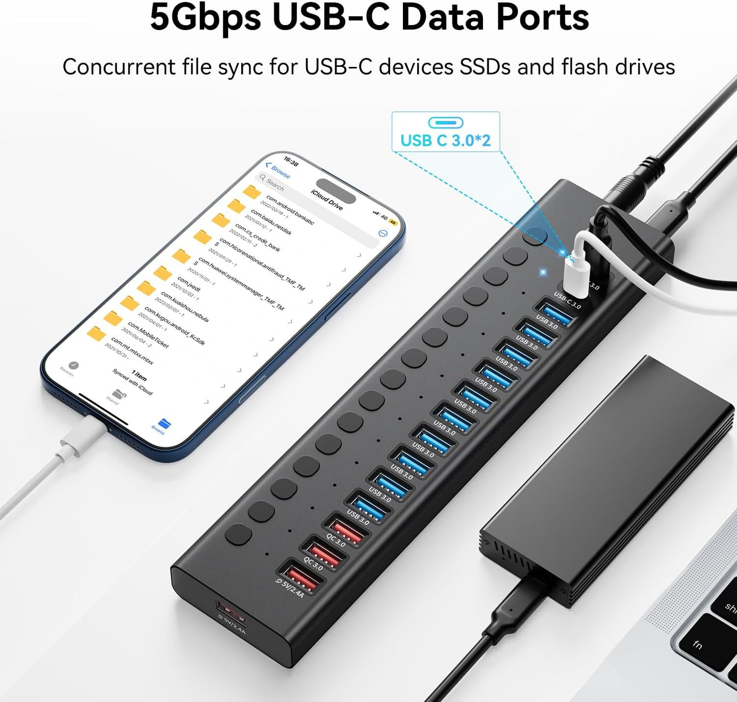 Powered USB Hub, AGEEN 16-Port USB 3.0 Hub (10 USB-A 3.0+2 QC 24W Fast Charging+2 Smart Charging+2 USB-C 3.0 Ports), 12V/8A 96W UL Certified Power Adapter for PC, Laptop, HDD, Flash Drive (16-Port)