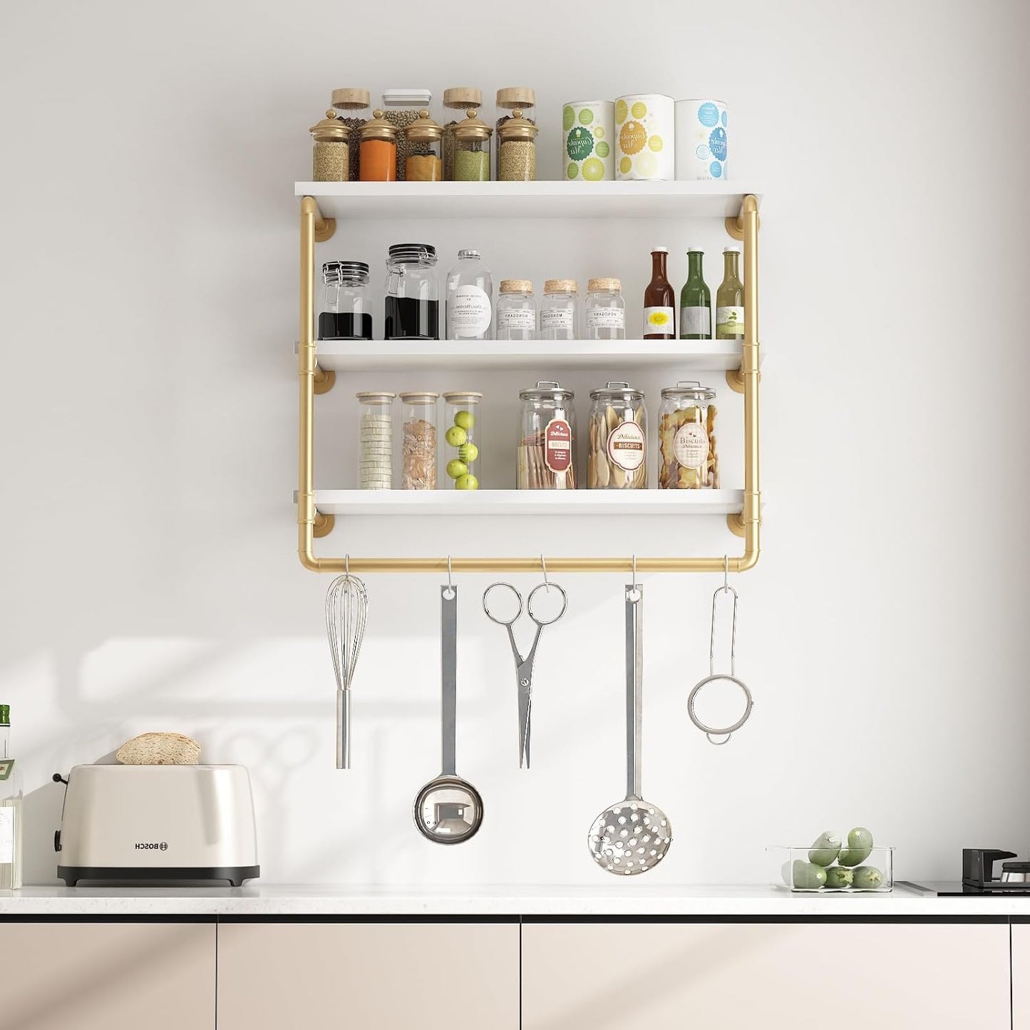 HOMEKAYT 24" Industrial Pipe Shelving, Floating Wall Shelves 3 Tier Gold Shelves with Haning Rod Multiple Use for Kitchen, Bedroom,Living Room,Bathroom