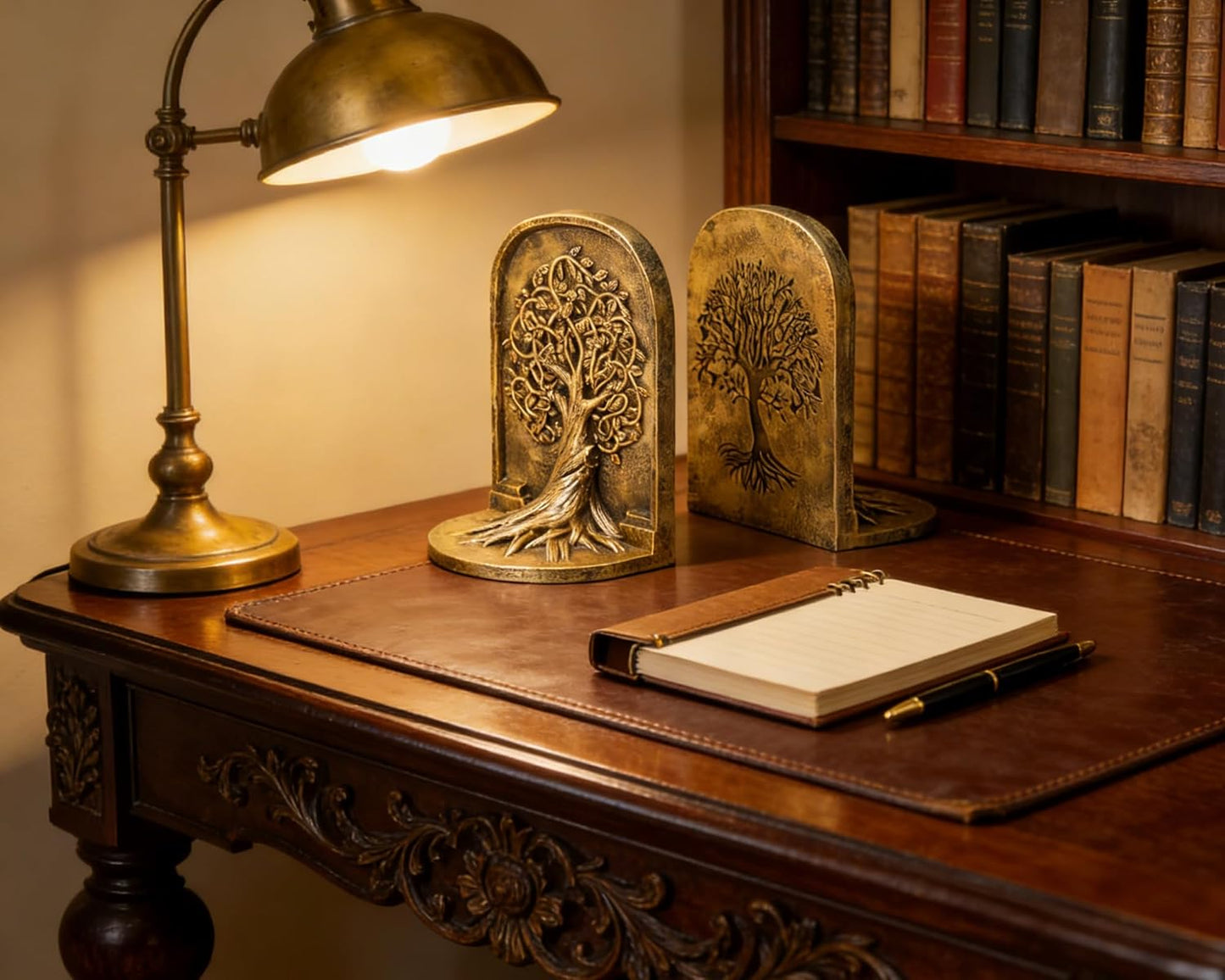 Tree of Life 3D Bookends with Intricate Details, Solid Resin Construction Non-Slip Design, Antique Gold Decor for Home Library, Office
