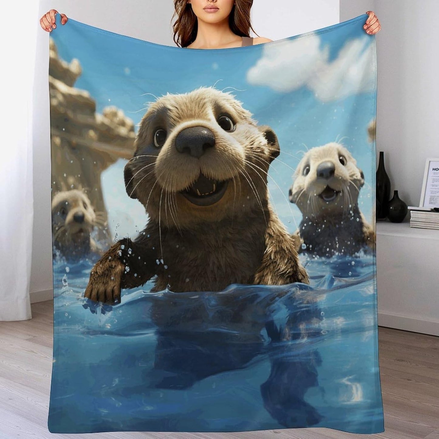 Lovely Sea Otter Print Throw Blanket for Couch Super Soft Warm Lightweight Throw Blankets Cozy Flannel Bed Blanket Cute Decorative Blankets for All Seasons Home Decor Gift 60"*80"（150 * 200cm）