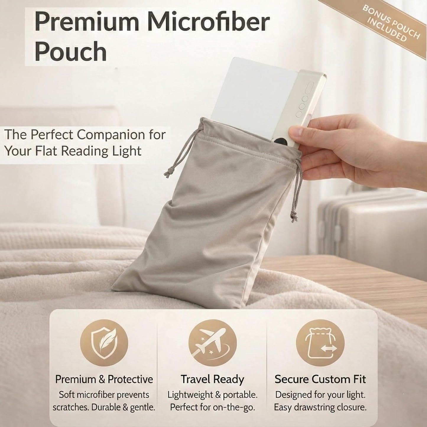 Book Light for Night Reading, Rechargeable Flat Page Light with Even Illumination & Eye-Friendly Dimming, Protective Scratch-Free Pouch Included, Portable Lamp for Bed, Airplane & Travel (white)