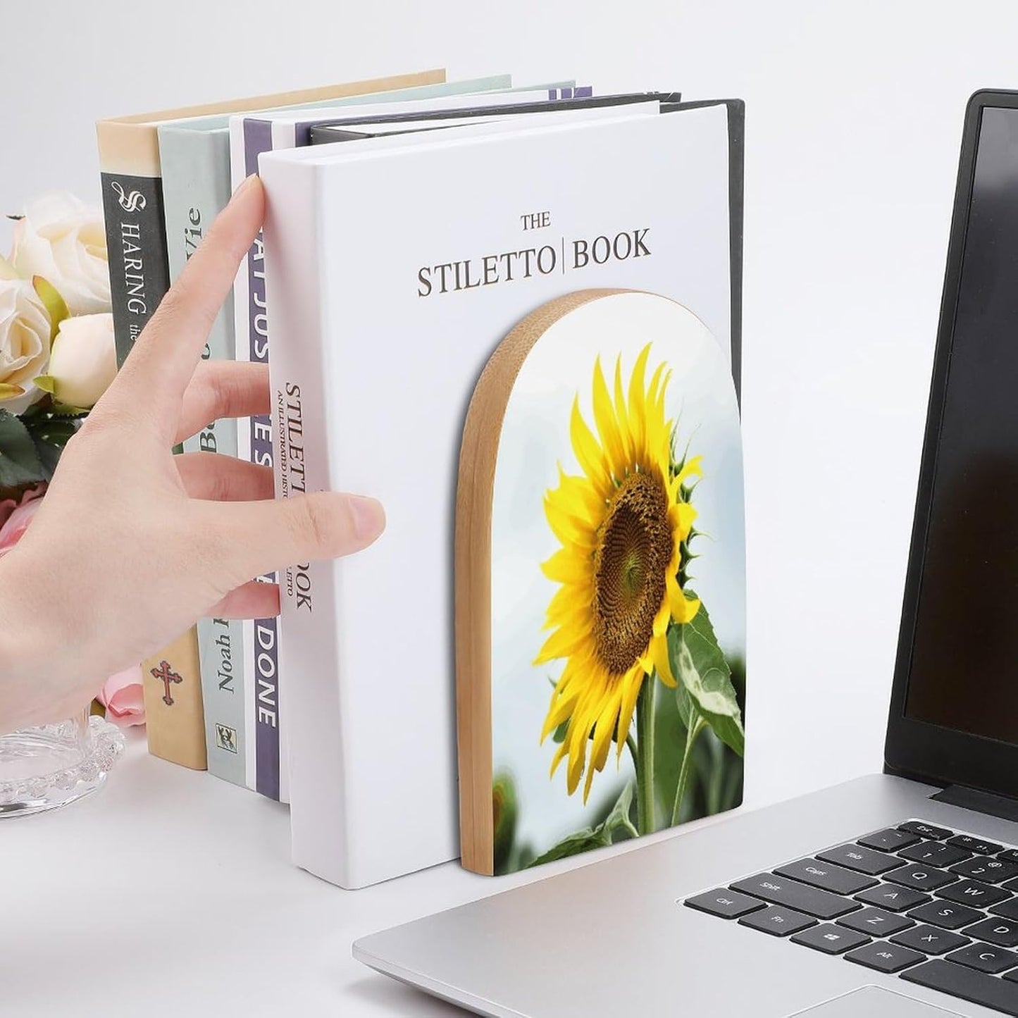 Bloom Sunflower Bookend for Shelves Wooden Book End Large Size Sturdy Book Holders Stoppers with Metal Base for Bookshelves Slick Decorative Bookends Stands
