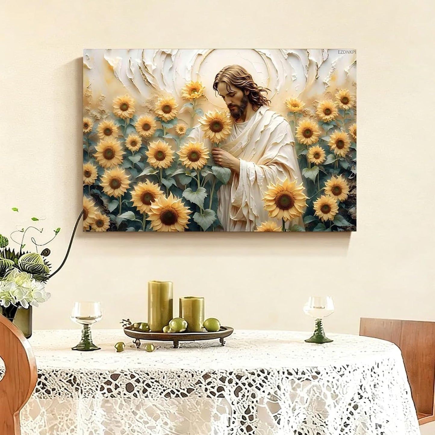 Jesus Christ in Sunflower Field with Divine Halo Canvas Print, Religious Inspirational Wall Art Poster Wall Decor for Living Room Bedroom Church Meditation Space to Create Peaceful and Sacred Space 8x12inch Framed