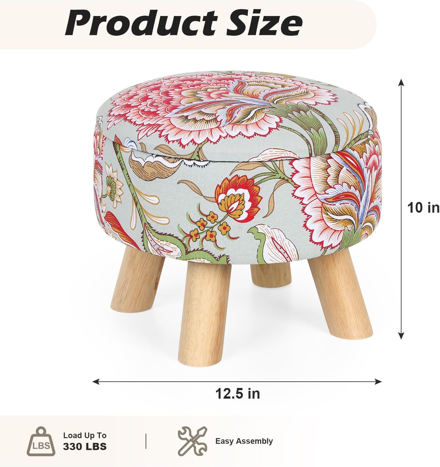 ETELI Storage Ottoman Round Small Foot Rest with Wood Legs Boho Footstool with Padded Seat Ottomans and Footstools for Couch Hallway Living Room Bedroom Enterway