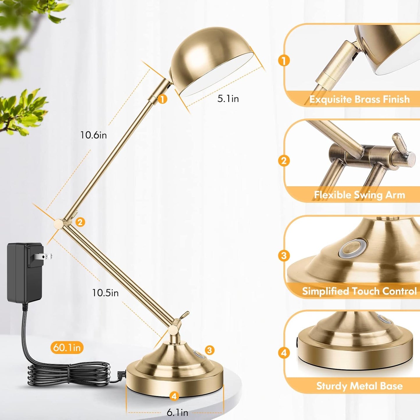 TOBUSA Architect Gold Desk Lamp Dimmable with USB Port, Adjustable Touch Control Vintage Desk Lamp 3 Color Modes, Brass Metal Desk Lamp Retro Style Reading Light for Home Office Desk Bedside Table