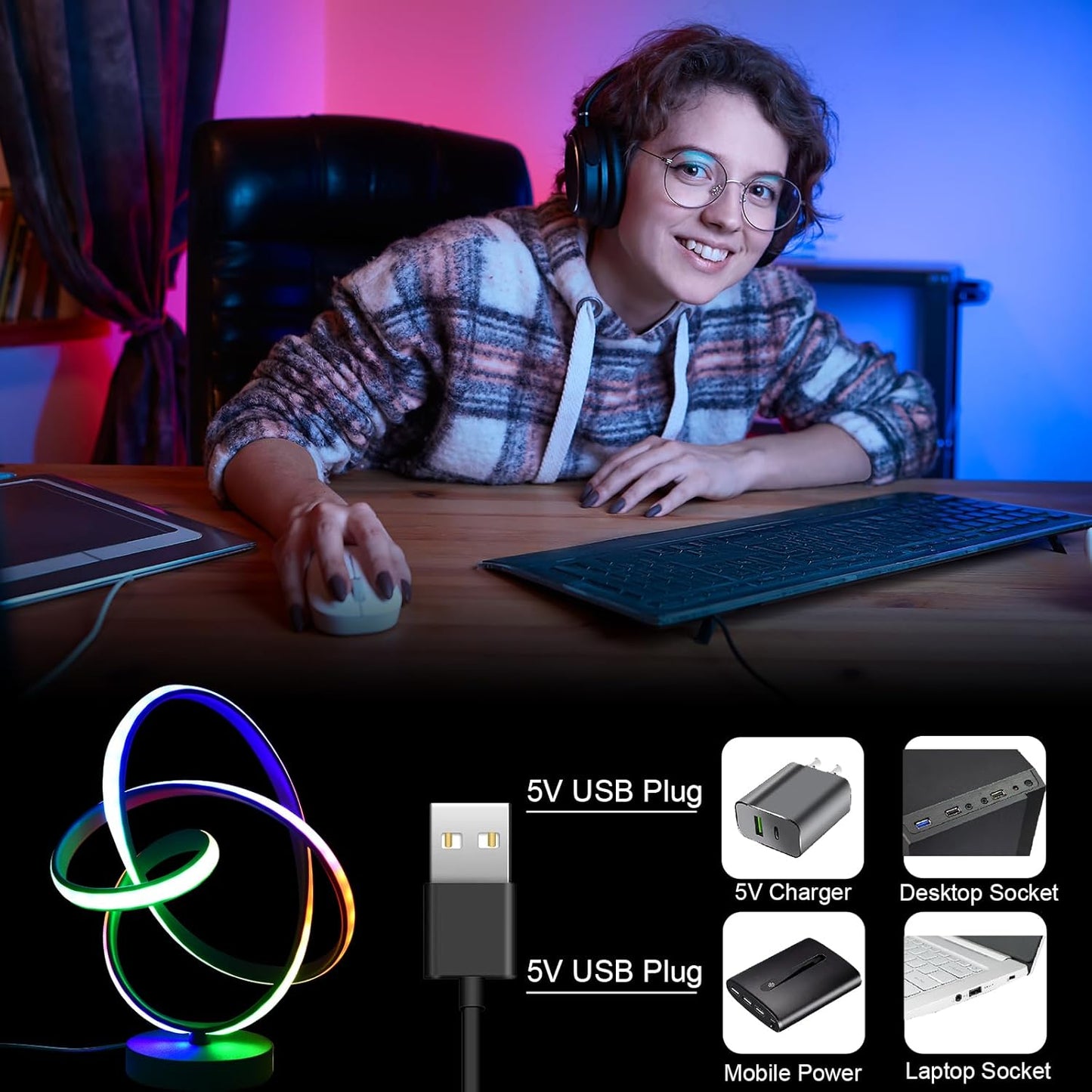 Black USB Modern Table Lamp, 7 Colors 10 Light Modes Spiral Design Table Lamp, Touch Dimmable Nightstand Lamp, Unique Bedside Lamp for Living Room, Bedroom, Cool Lamps