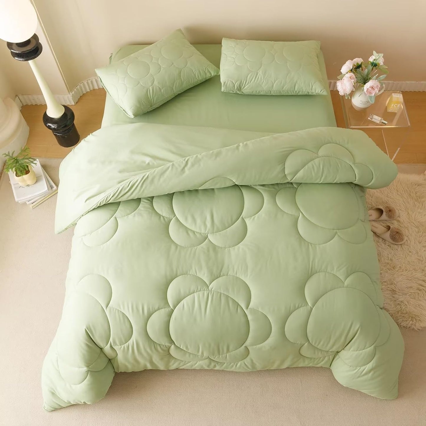Cottonight Sage Sunflower Comforter Set - Queen Size, Light Green Floral Bedding Set - Women's Boho Farmhouse Chic Blanket & Quilts - Soft, Breathable, Grass Green Printed 3 Piece Set