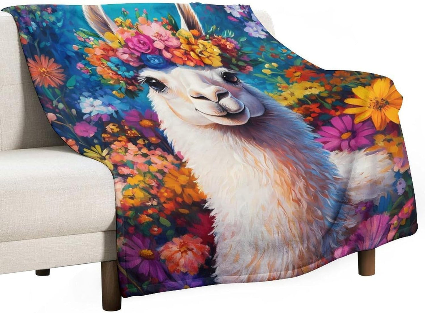 Llama Flower Throw Blanket for Couch Bed Plush Cozy Fuzzy Flannel Blanket for All Season 50"x60"