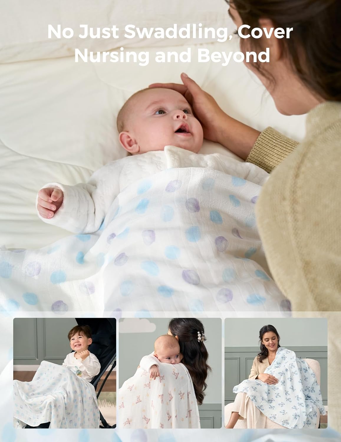 Momcozy Muslin Swaddle Blankets, Breathable and Skin-Friendly Receiving Blankets, Best Wishes Swaddle Blanket Shower Gifts & Baby Registry Essentials, Large 47"x47", Cuddle Buddies