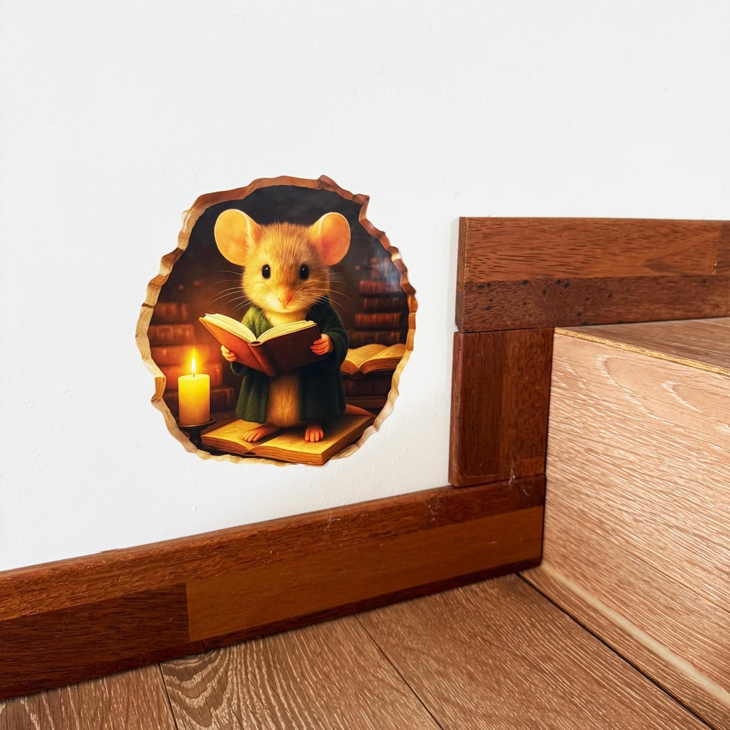 GRITKULTURE Removable Mouse Reading Book in Mouse Hole Decal Sticker 5.1inch 2 Pack. Mouse Hole in The Wall Sticker with 3D Effect. Wall Decoration, Funny Gift, Potty Training, Prank (#3)