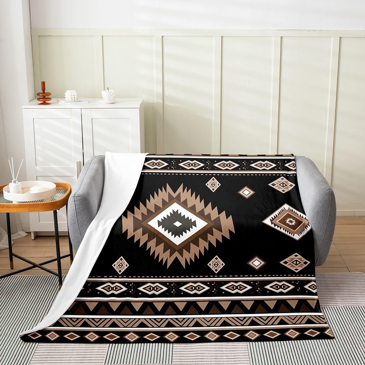 Feelyou Boho Aztec Flannel Fleece Throw Blanket Western Bohemian Fuzzy Blanket Black Brown All Season Plush Soft Rhombus Geometric Throw 50"x60" for Sofa Couch