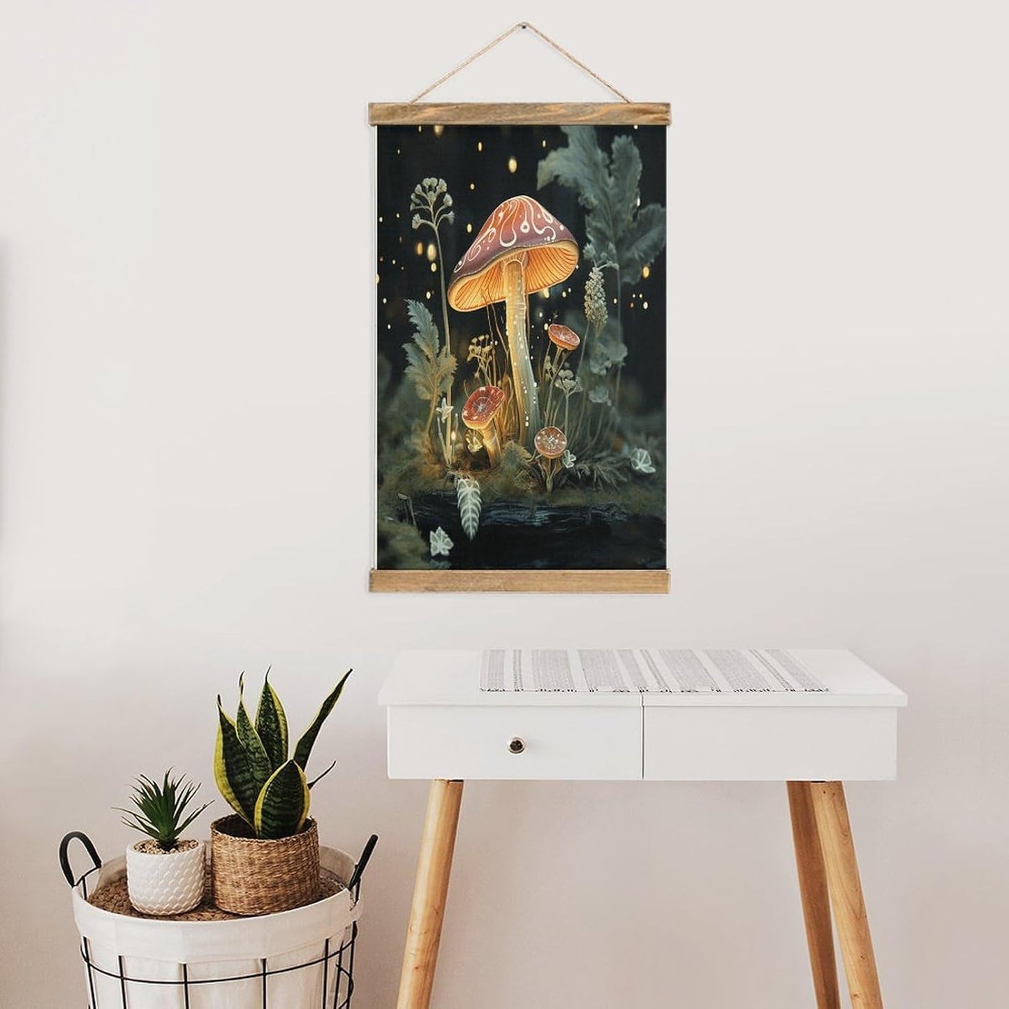 Vintage Butterfly Mushroom Poster with Wooden Frame Personalized Linen Hanging Scroll Painting Rustic Wall Hanging Illustrative Modern Artwork Decor for Home Living Room Bedroom Office