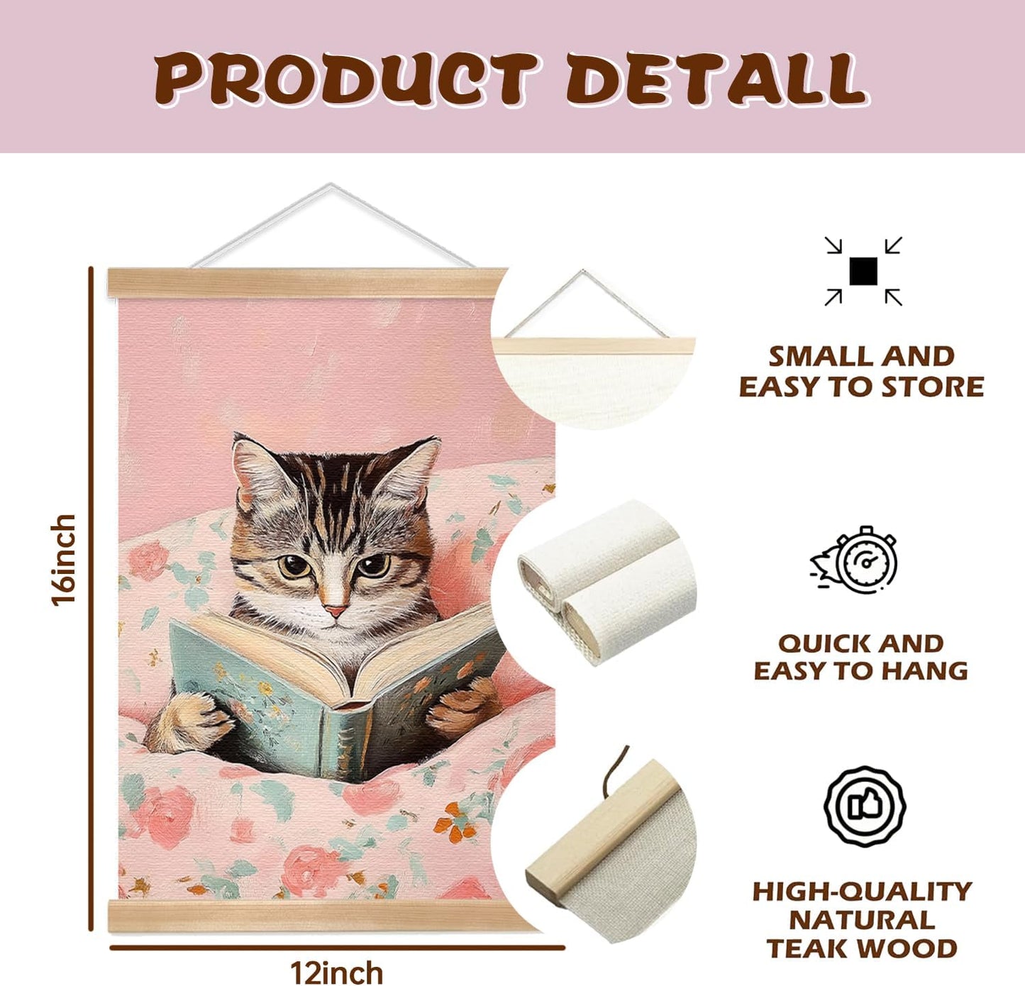 Funny Cat Canvas Wall Art Set of 3, Pink Cute Cat Lovers Wall Decor Paintings,Vintage Cats Posters Prints Pictures For Nursery Girls Room Bedroom Kids Room Girls Study Room 12x16 Inch Framed