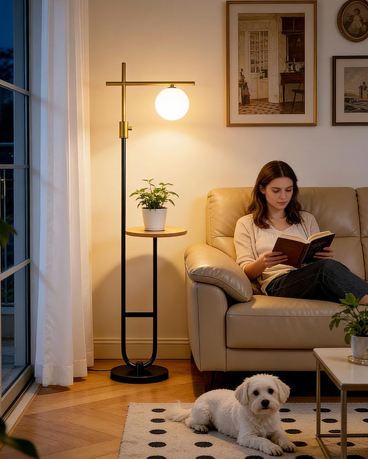 Floor Lamp with Shelves, Modern Standing Tall Lamp with Milky White Globe Lampshade, Cross-Shaped Lamp Head and U-Pole Base Style Floor Lamps for Living Room, 66IN Gold & Black Dimmable