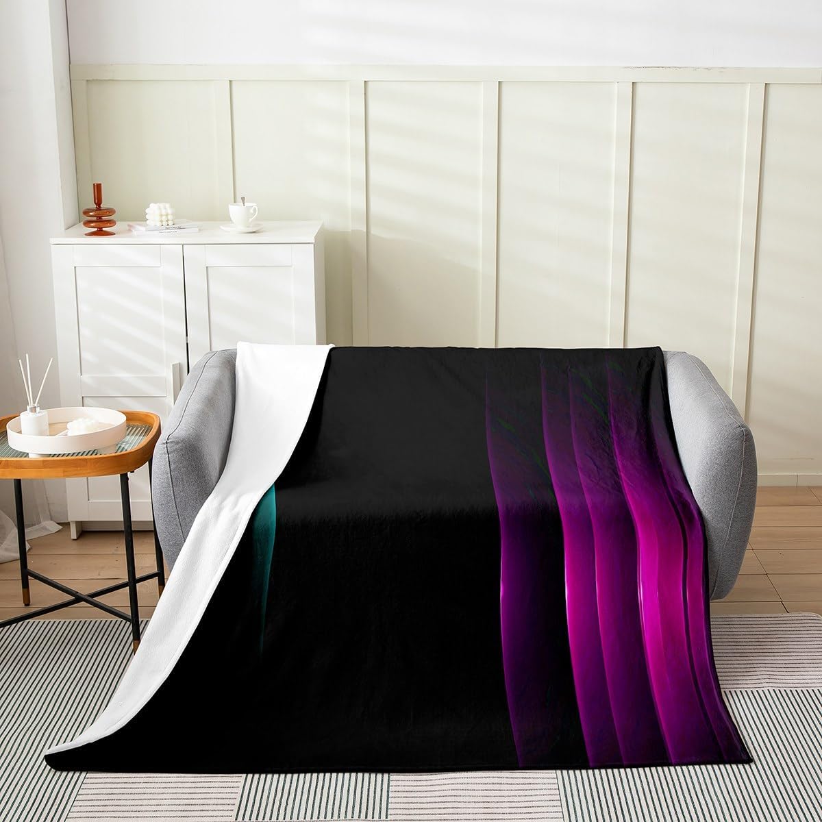 Feelyou Purple Teal and Black Geometric Ombre Fleece Throw Blanket Twin 60"x80" Boys Abstract Striped Flannel Blanket for Kids Women Men Ultra Soft Lightning Plush Blanket Fuzzy Blanket
