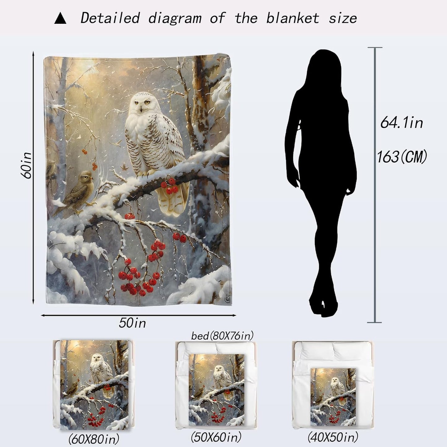 Winter Owl Blanket - Elegant Snowy Forest Scene Fleece Throw,Gifts for Women Men, Soft & Warm,Lightweight, for Farmhouse Modern Decor, Nature Lovers, and Room Home Accents 40x50in