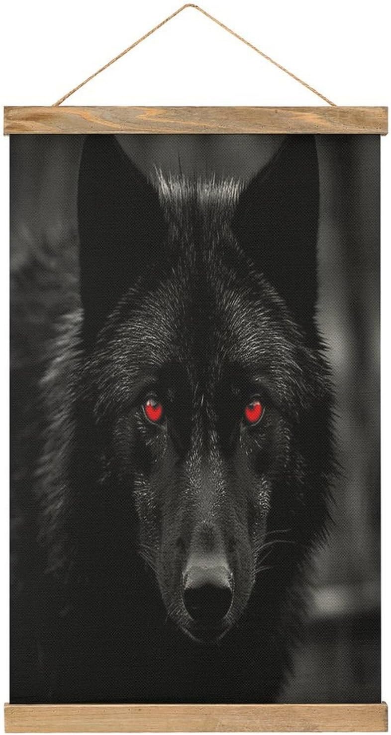 Vintage Black Red Eyed Wolf Poster with Wooden Frame Personalized Linen Hanging Scroll Painting Rustic Wall Hanging Illustrative Modern Artwork Decor for Home Living Room Bedroom Office