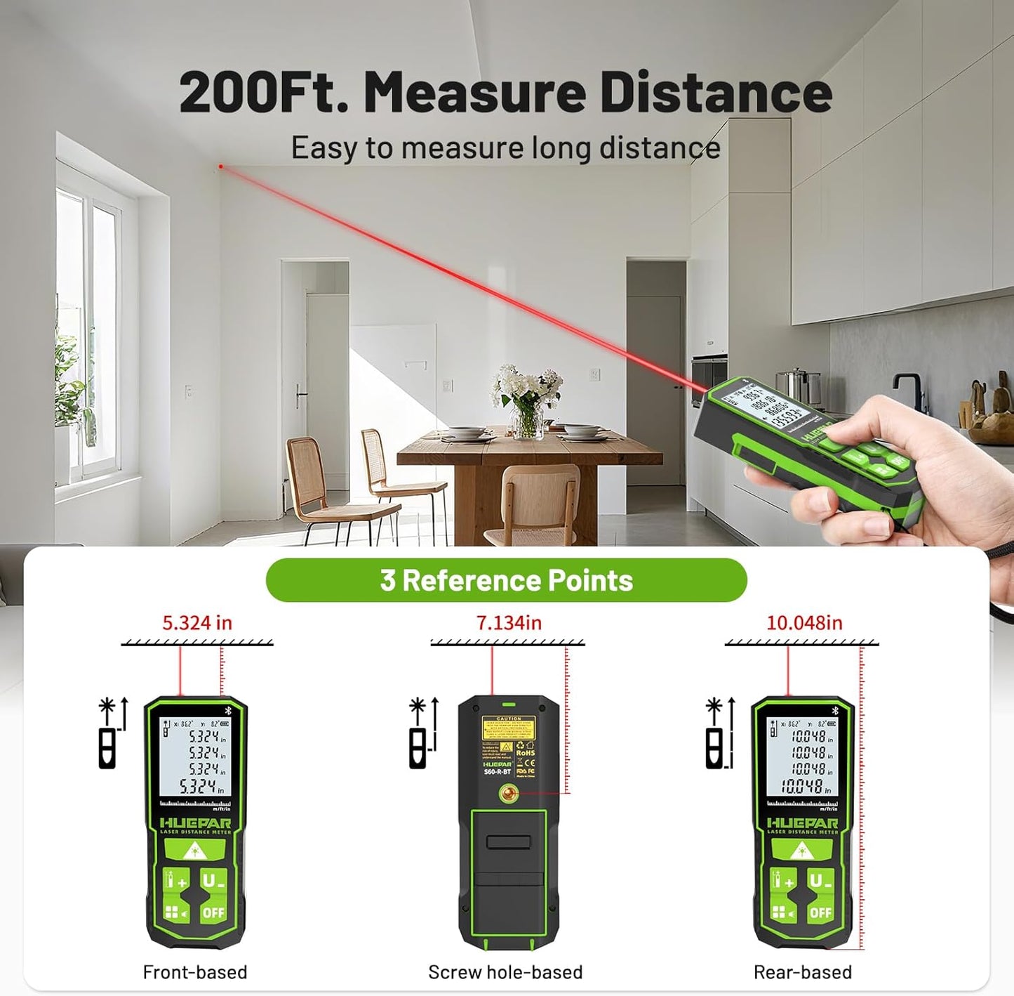Huepar Laser Distance Measure 200Ft. Digital Rechargeable Laser Measuring Tool with Bluetooth -Phone APP, 1/16in Accuracy, Angle Sensor, M/in/Ft Unit, Pythagorean Mode, Measure Distance, Area, Volume