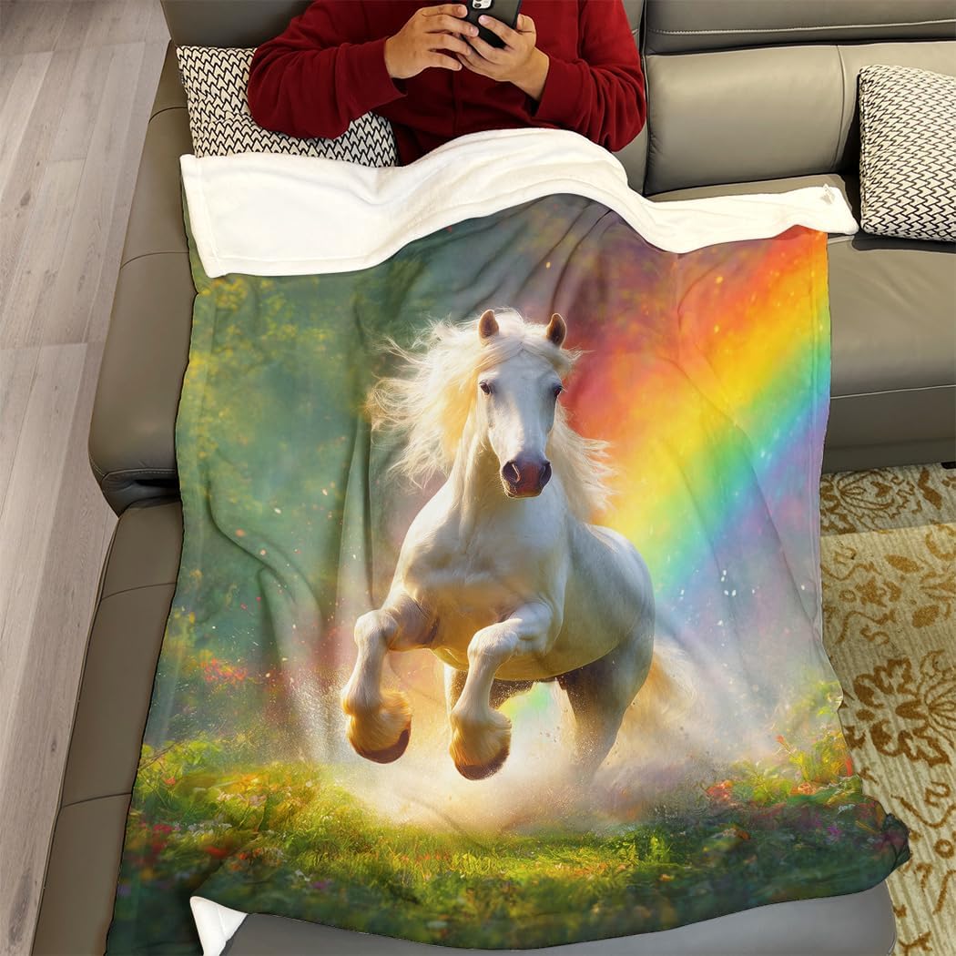 Soft Cozy Fleece Throw Blanket for Couch,Premium Fluffy Microfiber,Dreamy Grassland Rainbow White Horse Animal,50X60 Inches
