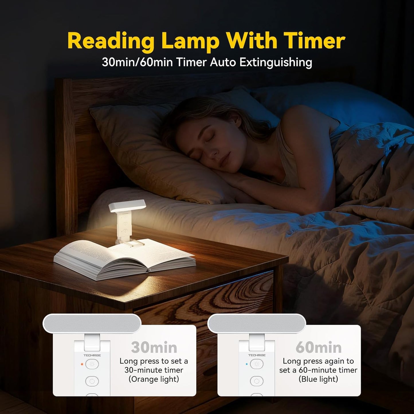 TechRise Book Light, 12 LED Clip-on Reading Light for Books in Bed, Rechargeable Reading lamp, Eye-Caring with Timer, 5 Color Temps & 6 Brightness, 80+ Hrs, Perfect for Kids, Book Lovers, Rectangular