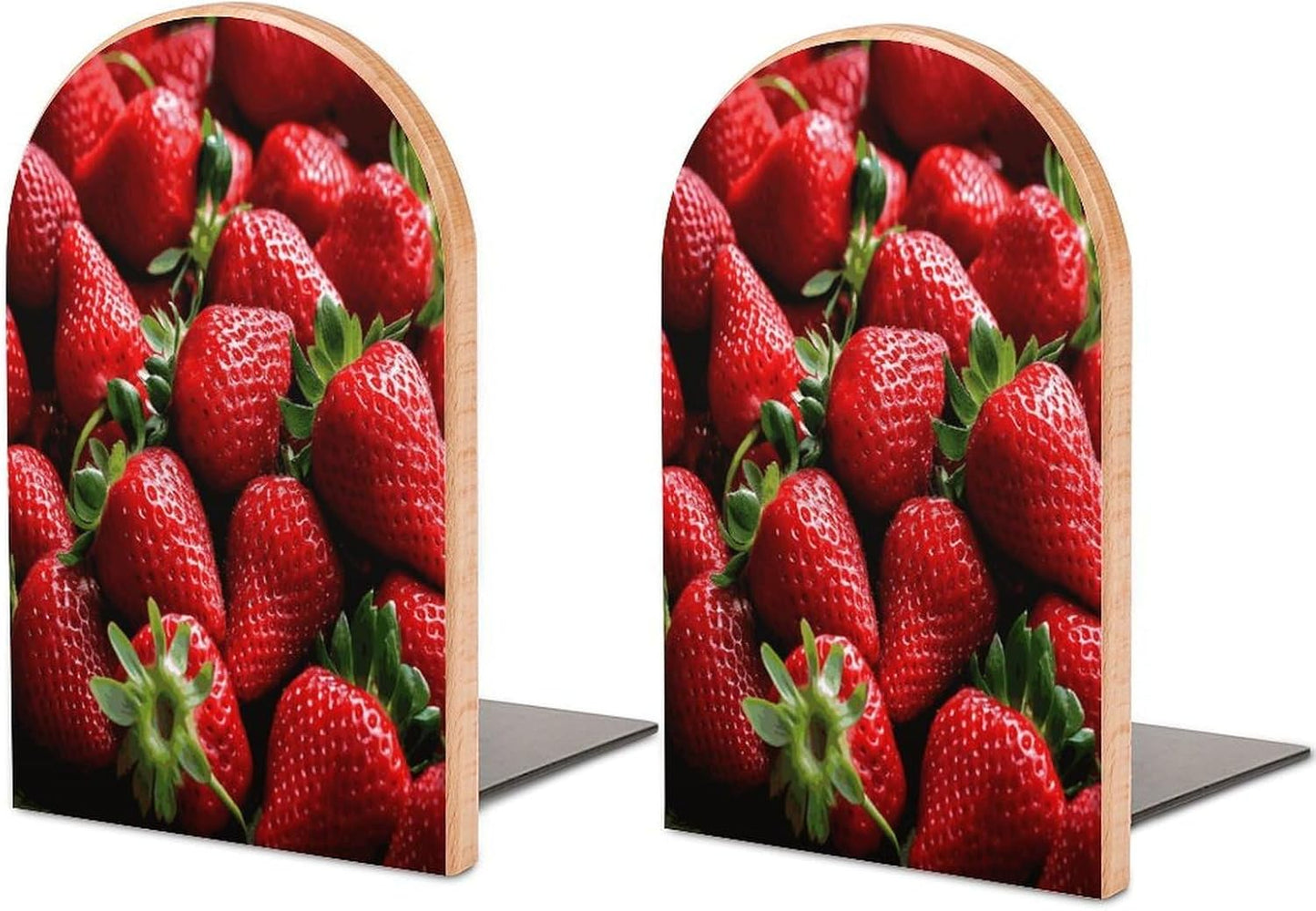 Fresh Strawberries Bookends 1 Pair Heavy Duty Book Ends for Shelves Non-Skid Bookend Supports Wooden Book Holders with Metal Base Desk Organizers Books Storage to Hold Books