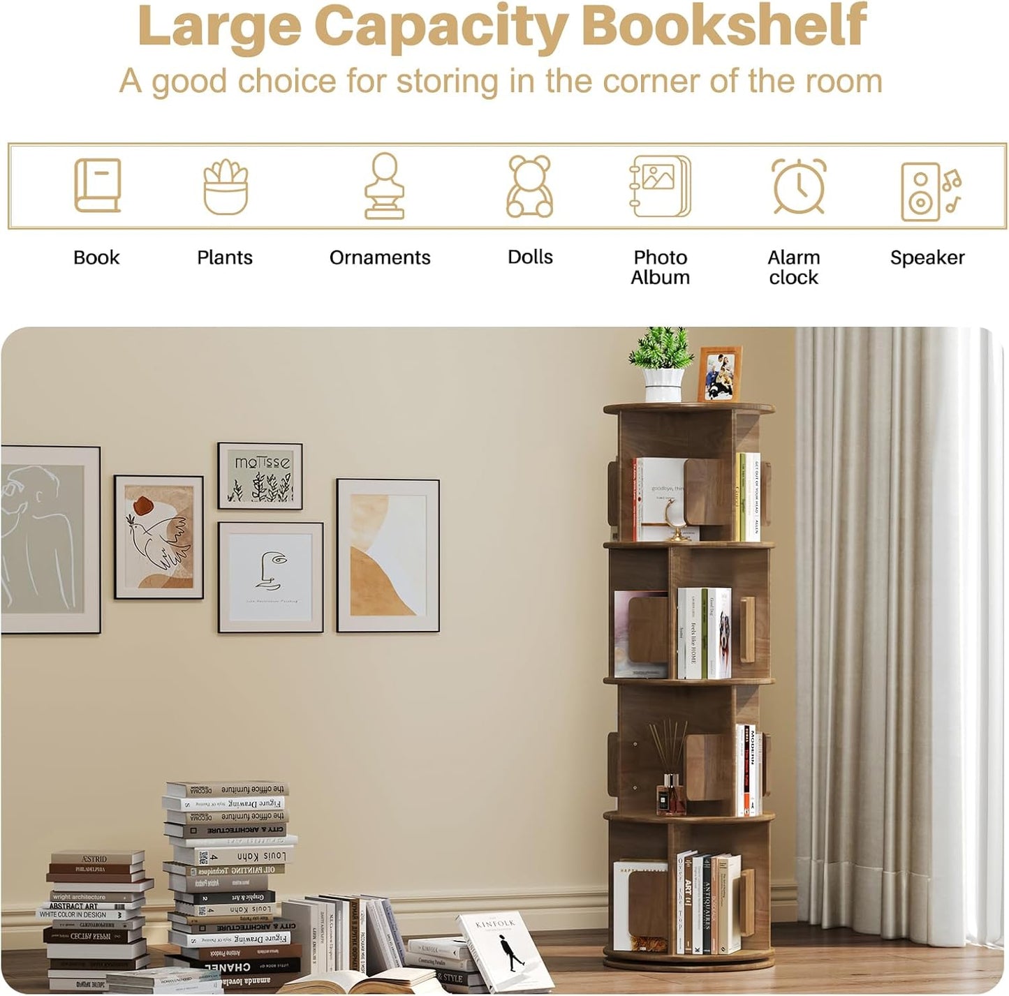 Wooden Rotating Round Bookshelf Tower - 4 Tier 51“ H Tall Solid Wood Walnut Bookshelf for Small Space, 360° Spinning Revolving Modern Bookcase Tower for Living Room, Bedroom, Home Office