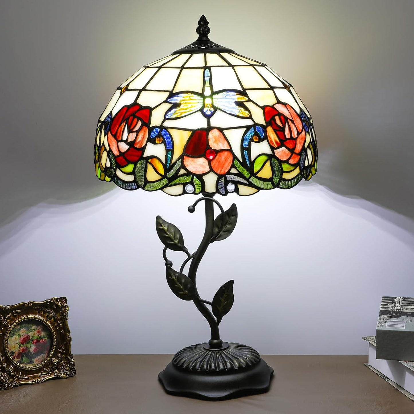 Stained Glass Table Lamp, Adjustable 3 Color Temperature, Dragonfly Rose Style Lampshade & Metal Leaf Antique Base Desk Reading Light 12X12X19 Inches Decor for Bedroom Living Room Office